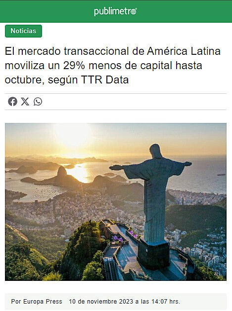 El mercado transaccional de América Latina moviliza un 29% menos de capital hasta octubre, según TTR Data